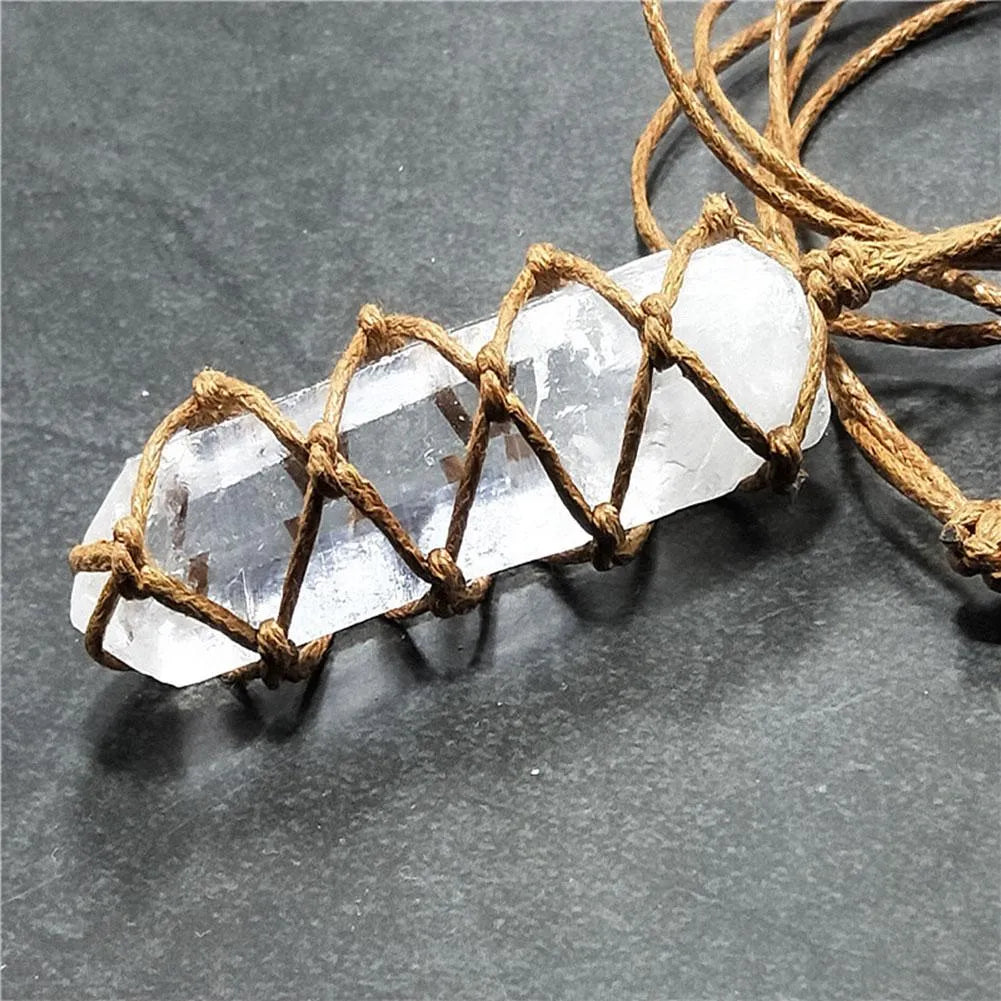 White crystal pillar pendant necklace in transparent colour with geometric shape hanging from chain