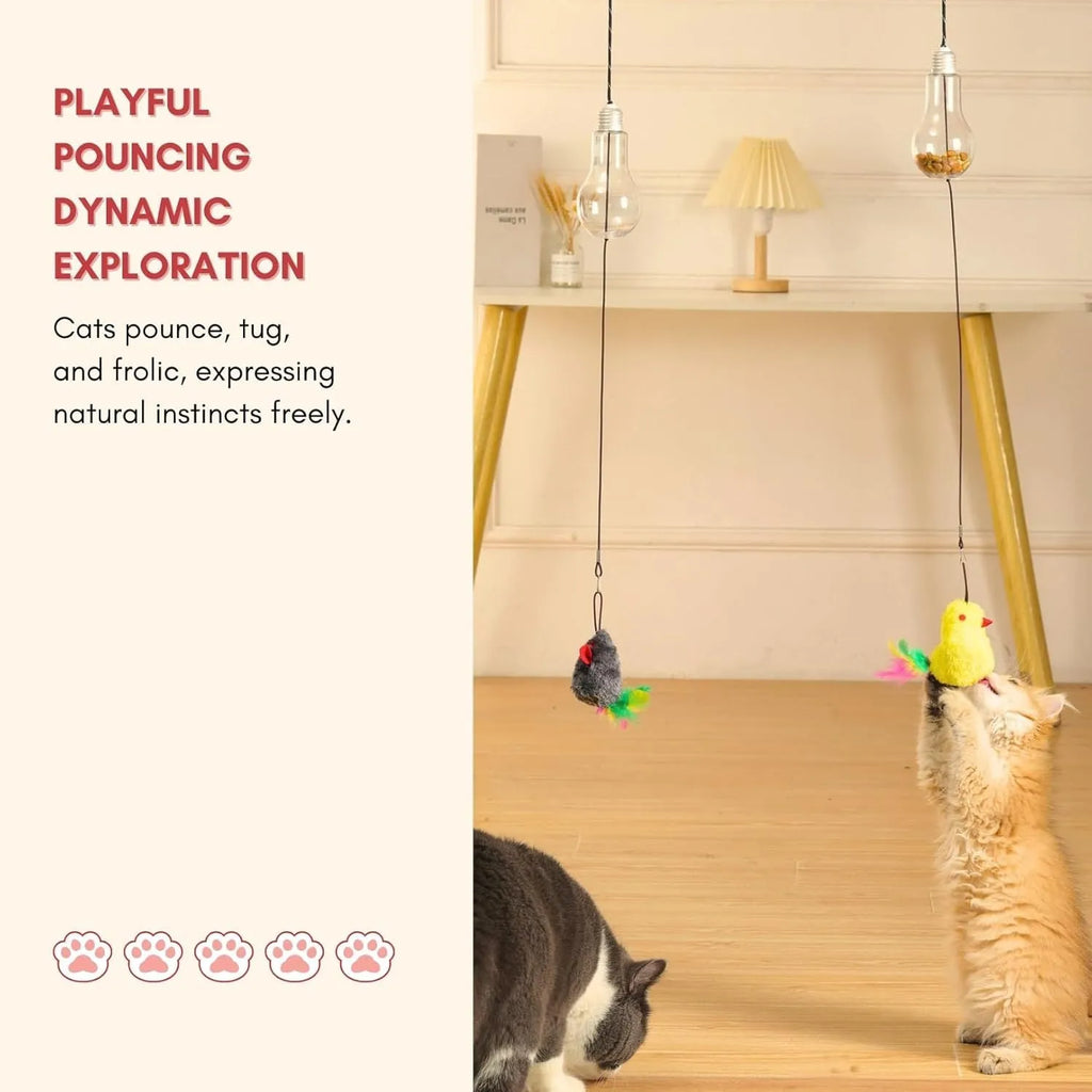 Interactive cat toy hanging from door frame with dangling mouse and chicken toys on elastic rope