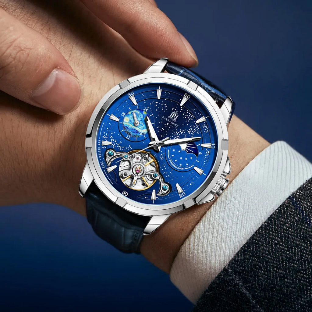 Men's automatic mechanical watch with blue dial and 14mm thickness