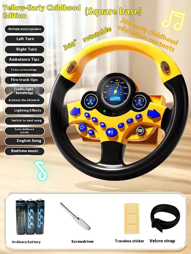 Children's steering wheel early education toy with music and lights, plastic, 25.5x25.5cm, pink traffic version