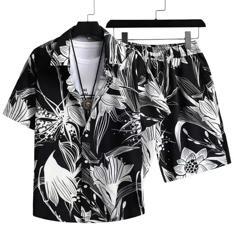 Men's light blue digital print short sleeve cardigan and matching shorts casual suit set