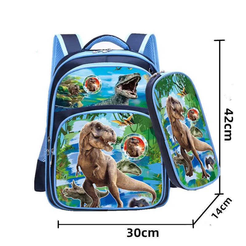Blue children's school backpack with anime cartoon printing showing front pocket and shoulder straps