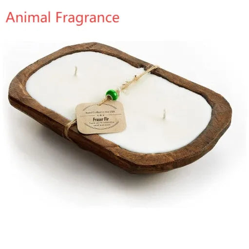 Lavender-coloured wooden basin containing a soy wax aromatherapy candle with three wicks.