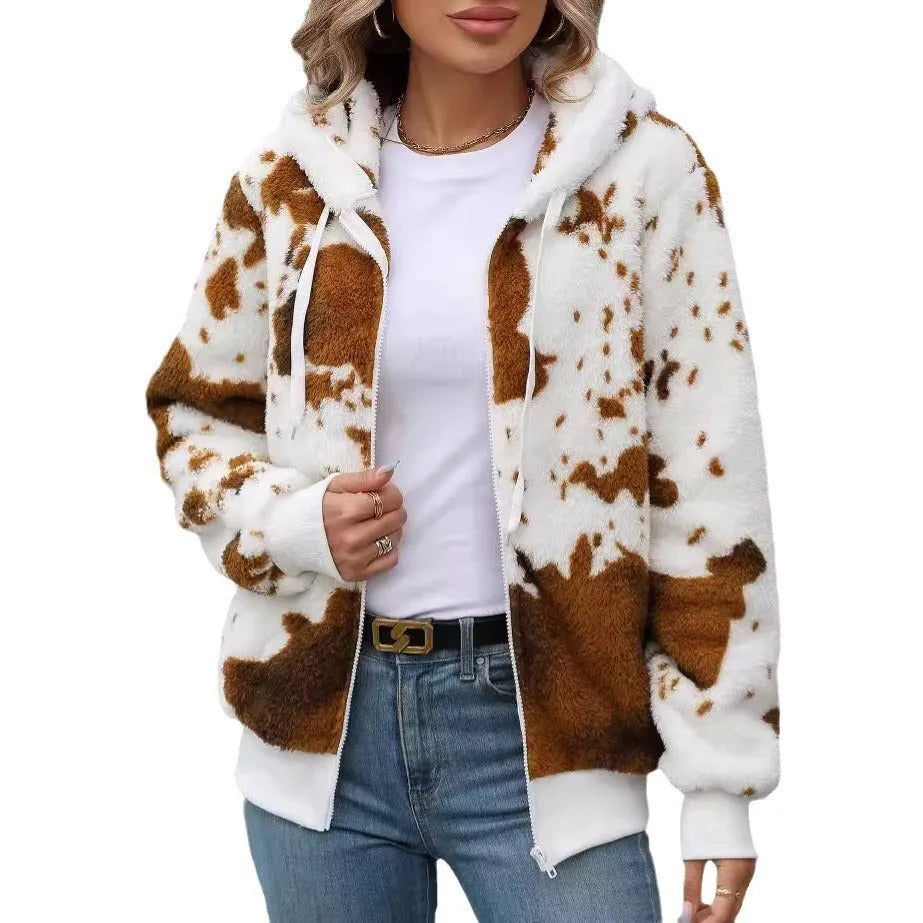 Yellow and brown animal print hooded cardigan jacket with front zipper