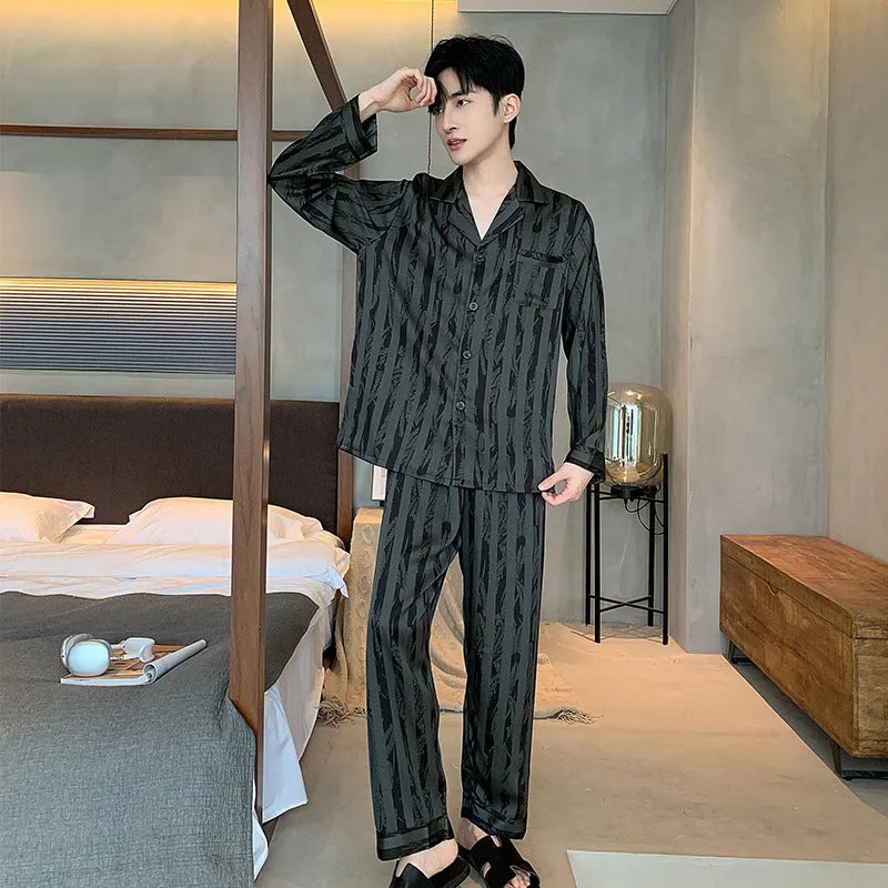 Men's black striped Ice silk long sleeve V-neck pajama set with trousers.