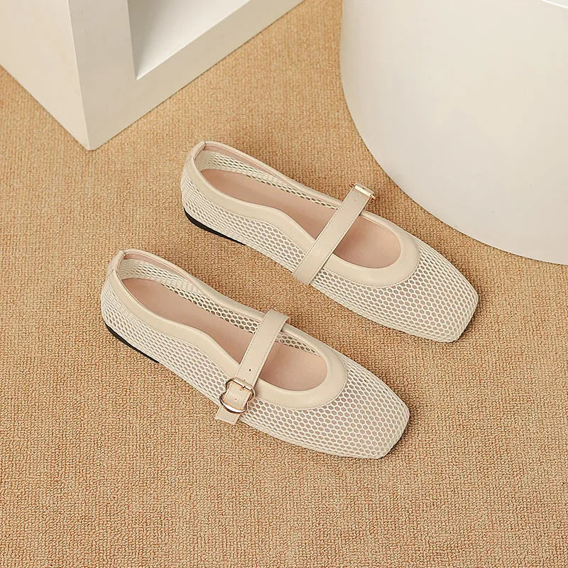 Women's mesh breathable summer shoes with buckle fastening and flat low heel