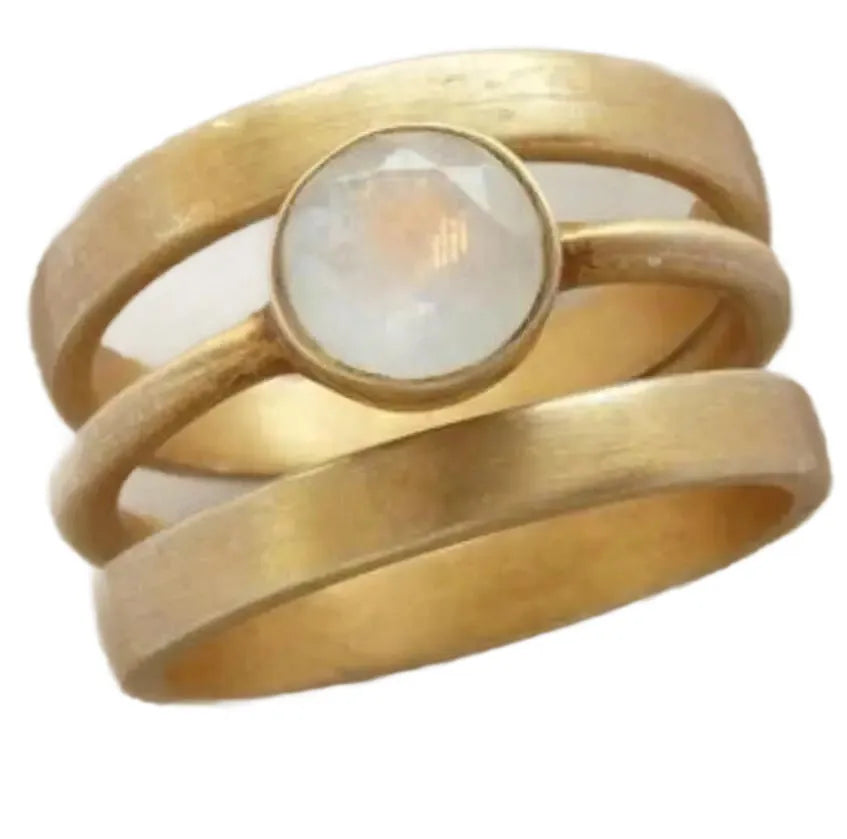 Gold plated titanium steel geometric ring with white chalcedony stone in micro-inlaid setting