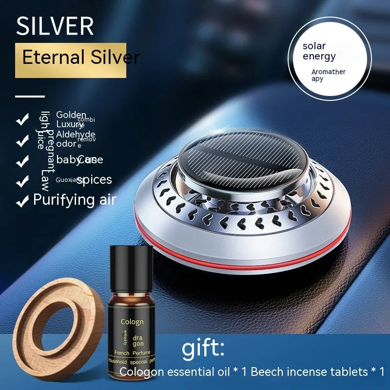 Solar-powered aluminium alloy car air freshener and purifier unit on a dashboard