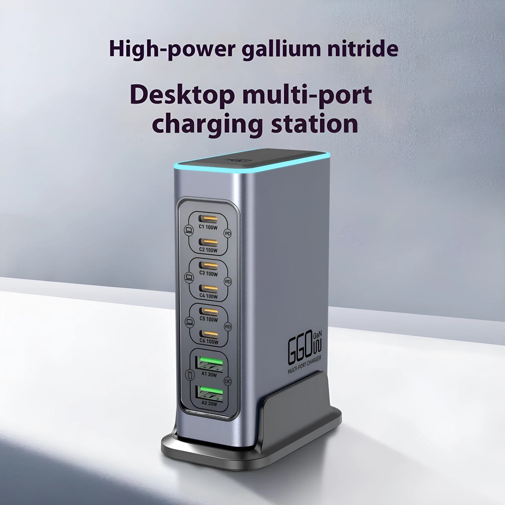 660W gallium nitride desktop charger with multiple USB-C ports and international plug variants