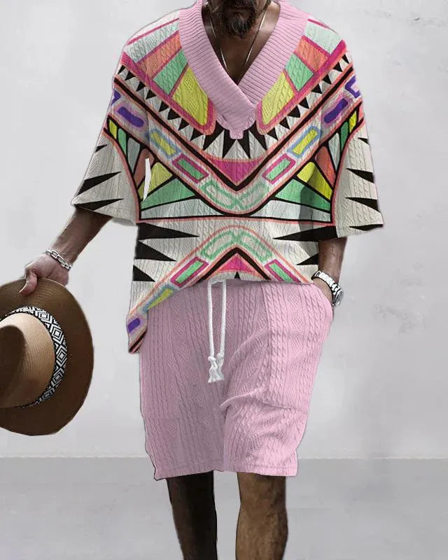 Men's loose casual short sleeve suit with matching shorts in polyester fabric