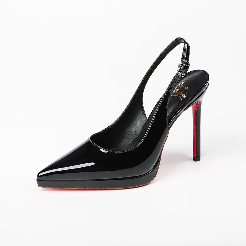 Women's waterproof platform stiletto pumps in black and red background with 8cm heel and patent leather upper
