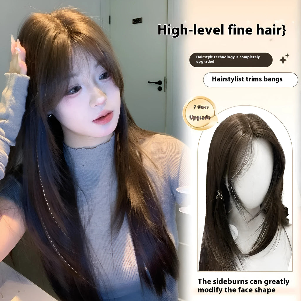 Cold brown layered long straight synthetic wig with lace front on display stand