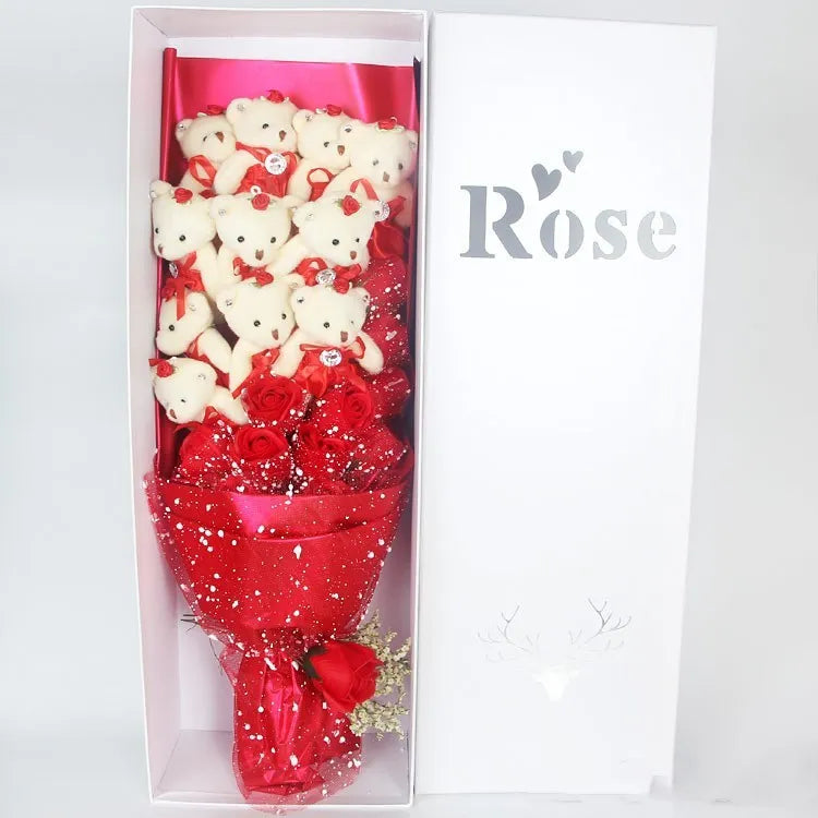 Handmade bouquet of 11 plush bears and 11 chiffon roses in a rose gift box