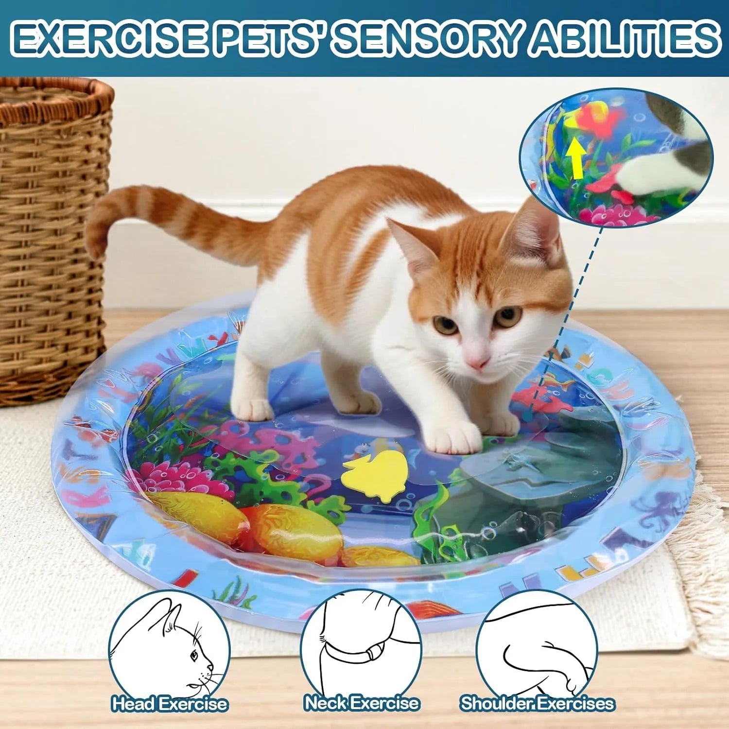95cm square pet water playmat with floating fish toys in clear PVC mat for cats and dogs