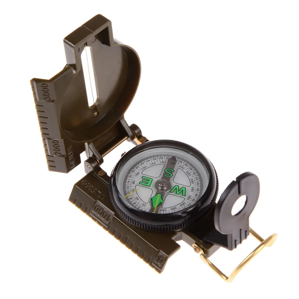 Army Green aluminium alloy compass with kerosene-damped movement open on neutral background