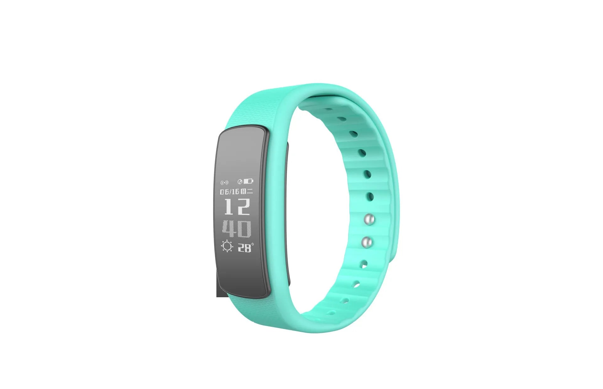 I6 smart sports bracelet with 0.96 inch touch screen in black or green colour showing fitness tracking display