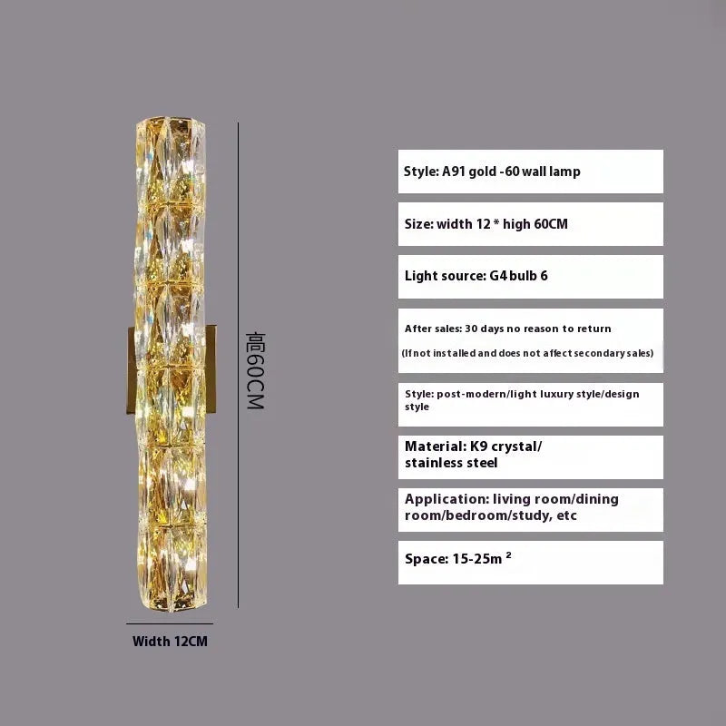 Crystal wall lamp with LED tri-colour light in chrome or gold finish showing multiple size options