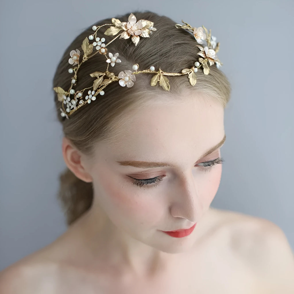Handmade asymmetric bridal crown in Kc Gold with imitation pearl and rhinestone details