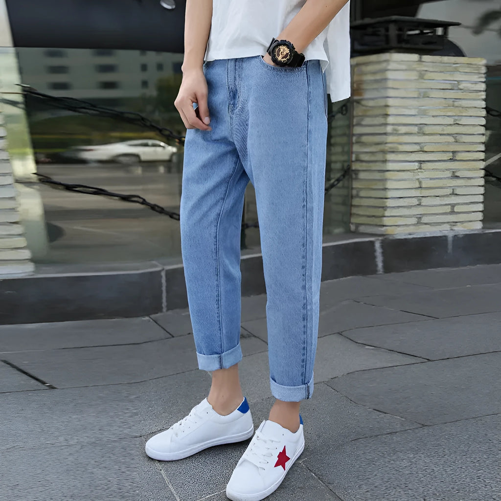 Men's black loose straight jeans with harem-style casual cut