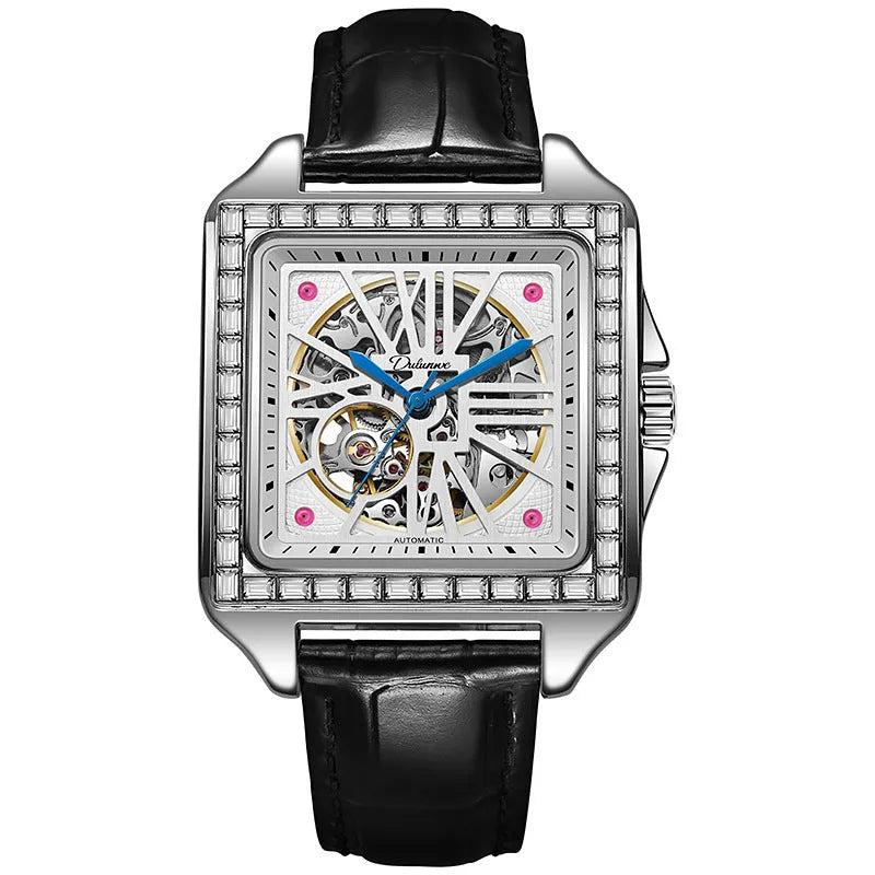 Men's square automatic watch with diamond-studded bezel on black leather strap