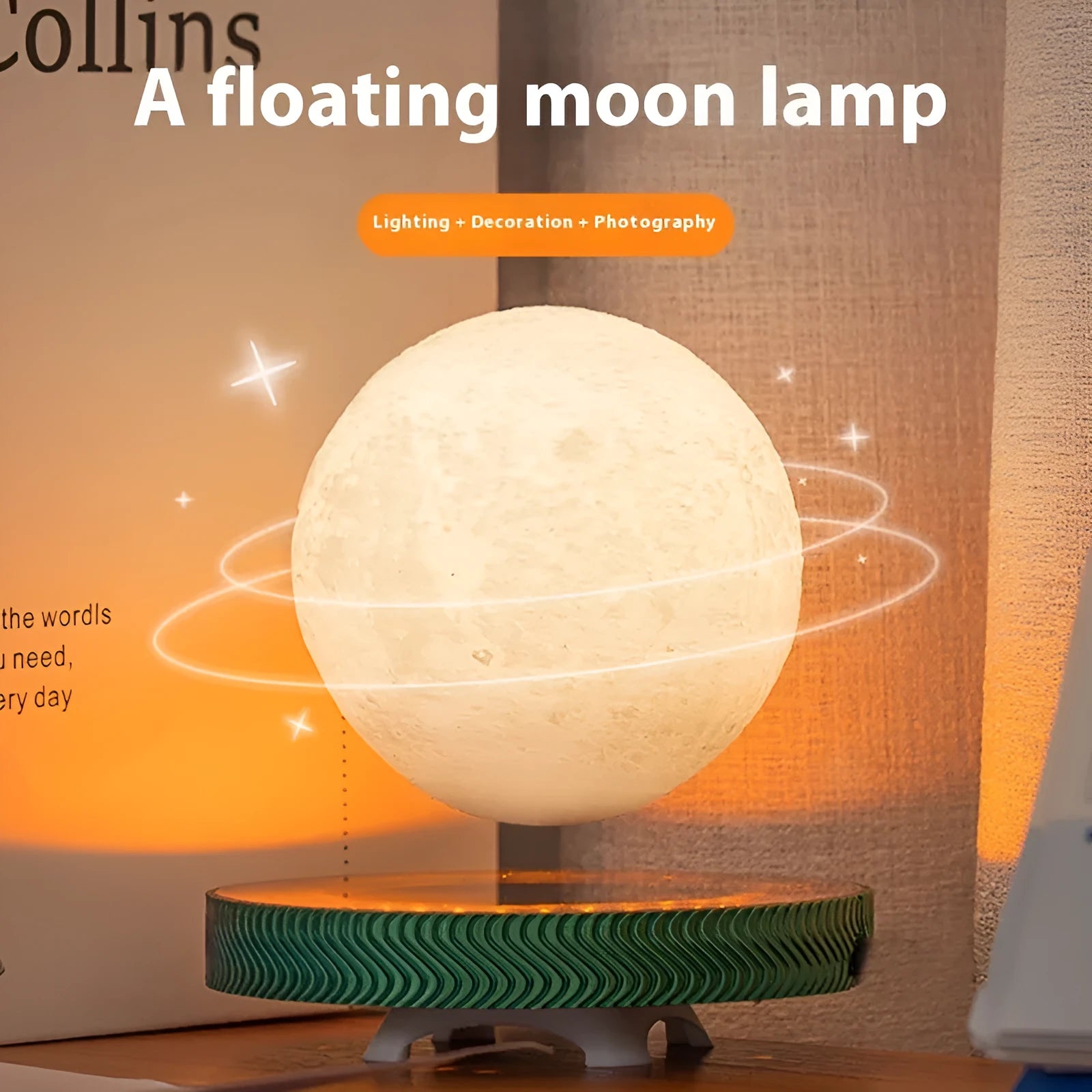 Magnetic suspension moon night lamp with 3D printed celestial design in floating decorative style