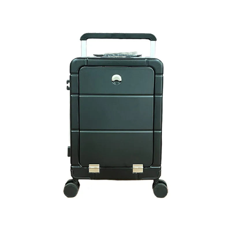 Front opening 20-inch suitcase in silver showing separate wet and dry compartments and a built-in cup holder.