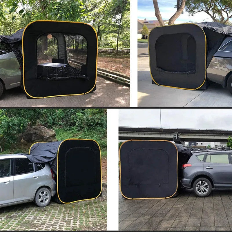 Black pop-up tailgate tent unfolded next to a car, showing its cubic 200cm shape and quick-throw design.
