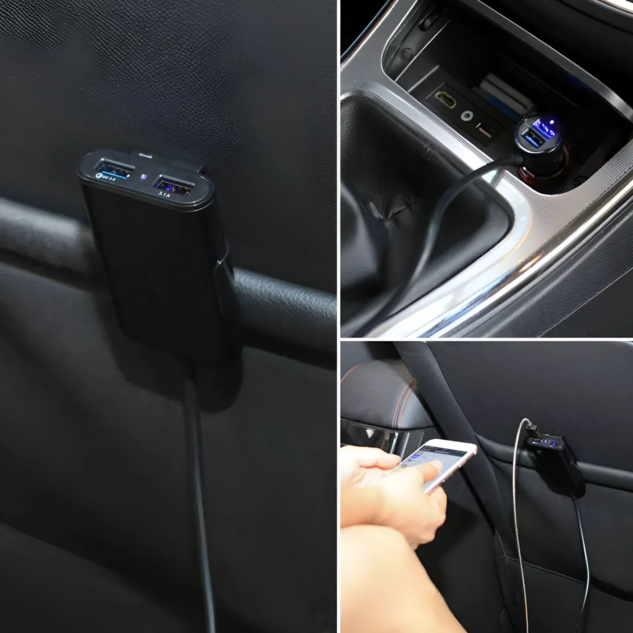 Black plastic fast charge car charger with QC3.0 and dual USB ports, blue LED on charger and white on extender