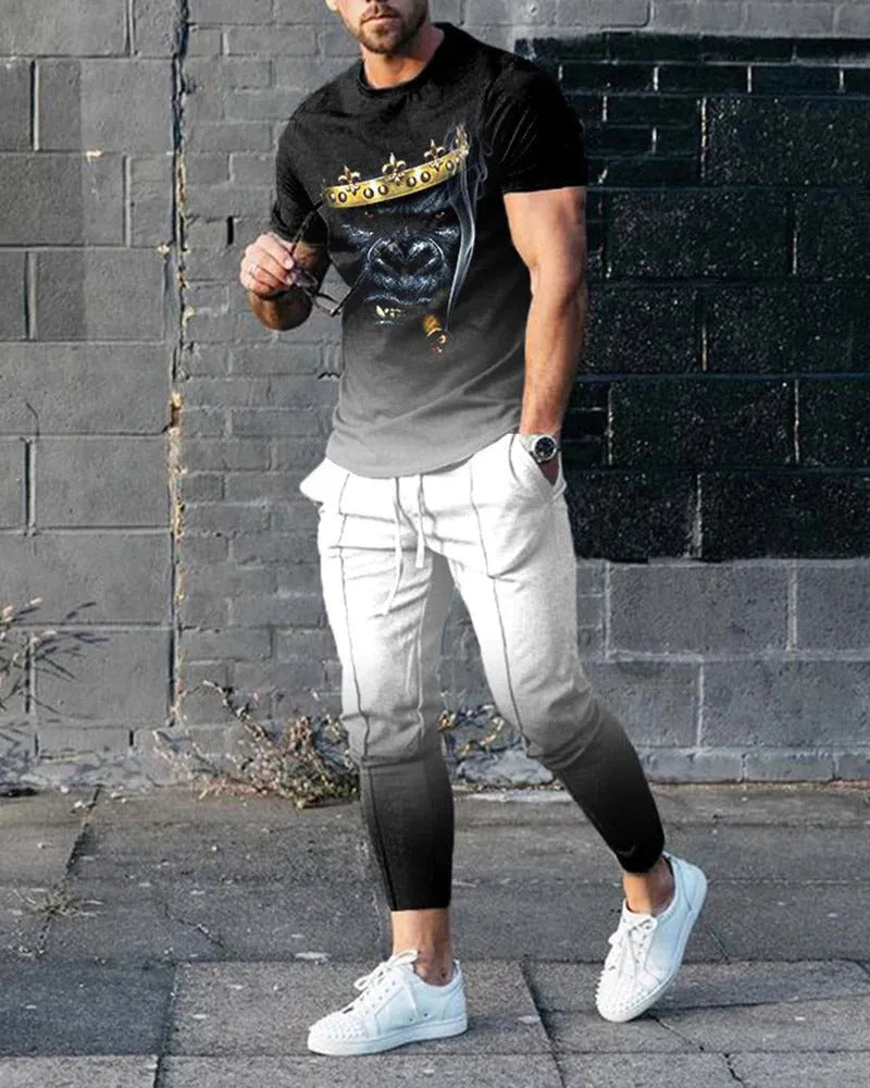 Men's slim-fit two-piece sports suit with short sleeve printed t-shirt and matching trousers in polyester blend fabric