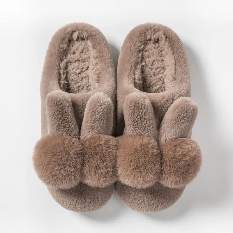 Women's rabbit fur high-upper winter slippers with floral decoration in coffee colour