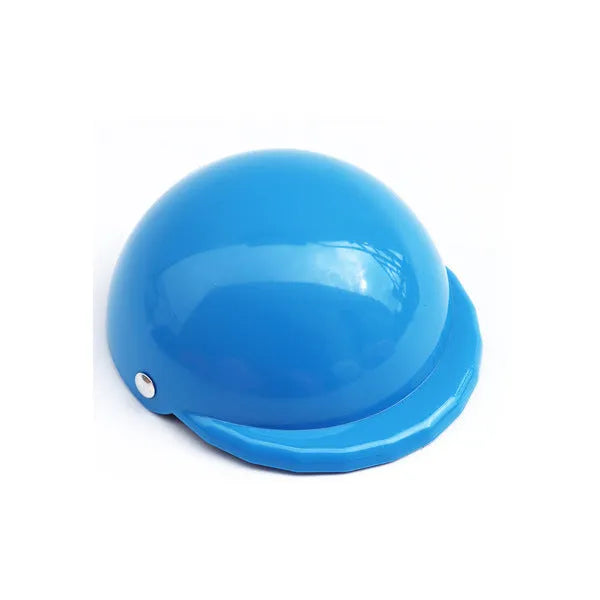 Plastic dog motorcycle-style helmet cap shown in multiple colours and sizes for small, medium, and large dogs.