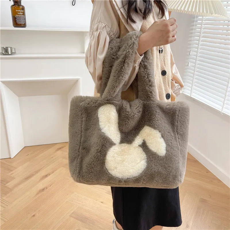 Plush shoulder bag with cartoon rabbit ears design in six colour options