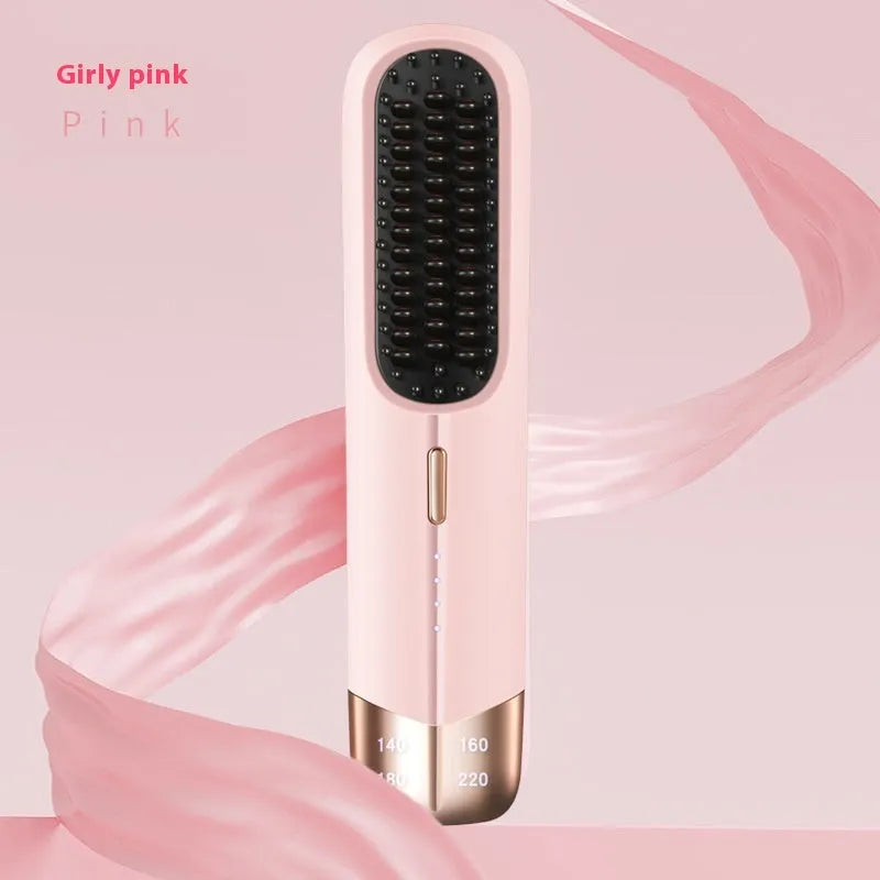 Portable wireless hair straightener curler dual-use in pink colour with cordless design for wet and dry hair