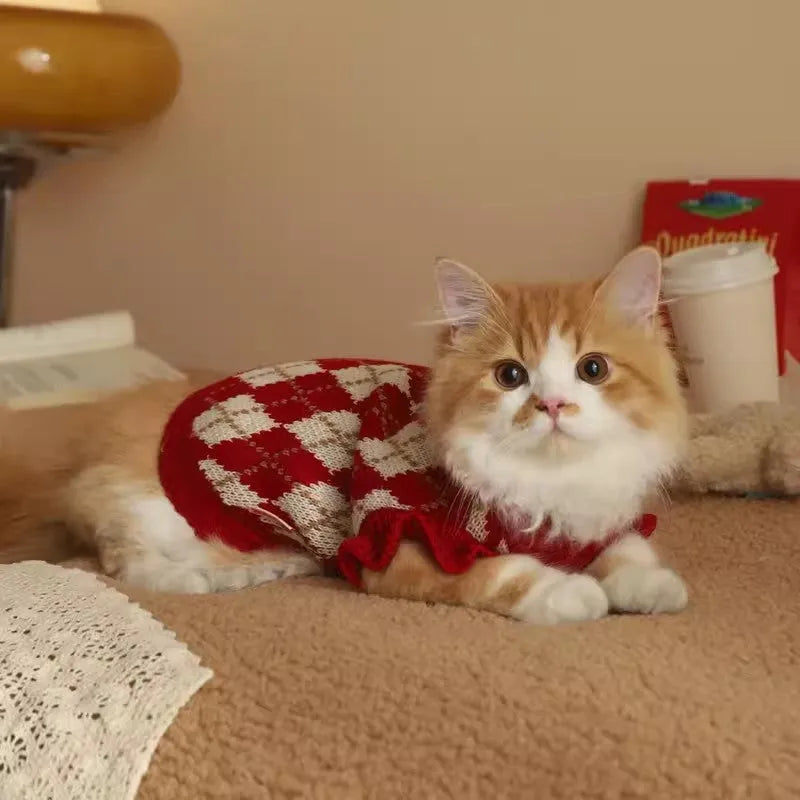 Red polyester cat sweater with rhombic embroidery cherry design, side view on white background