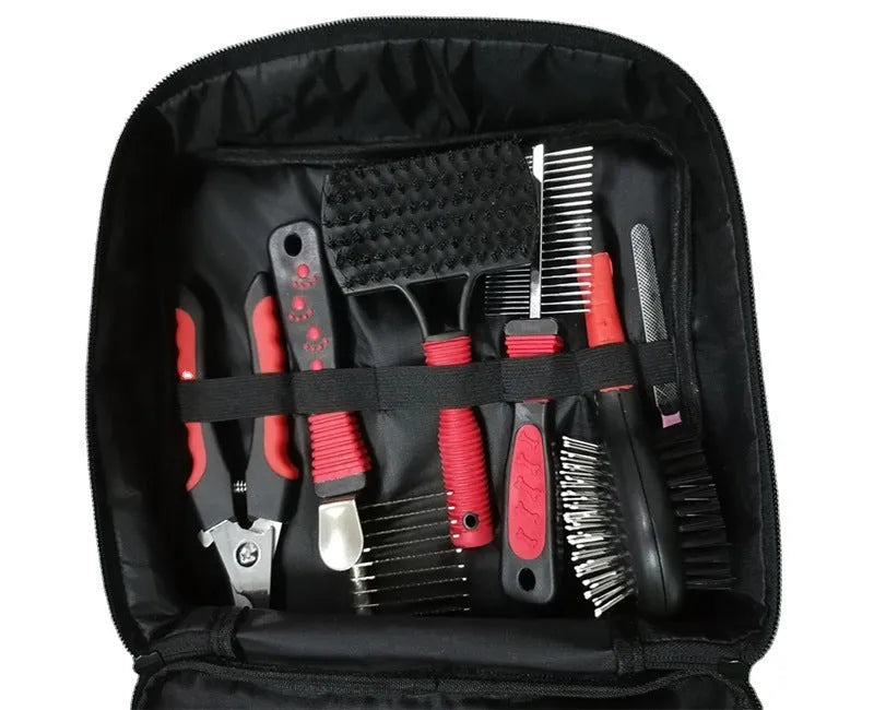 Red pet cleaning set with 9 tools in an Oxford cloth bag, compact 28 by 22 by 7 cm