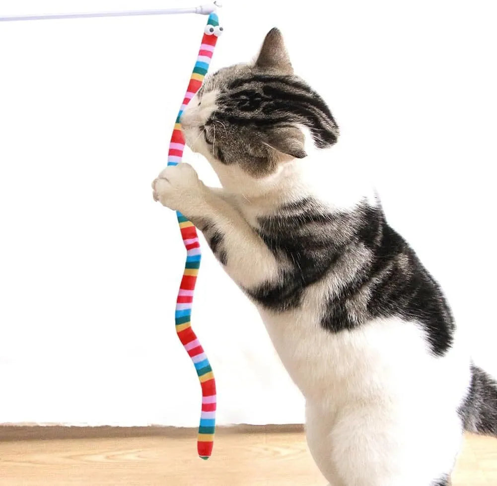 Cat wand teaser toy with polycarbonate pole and long plush strip in vivid colours