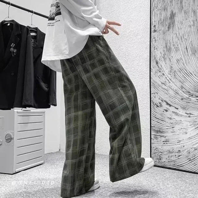 Men's black plaid loose fit straight leg casual trousers with Japanese-inspired design