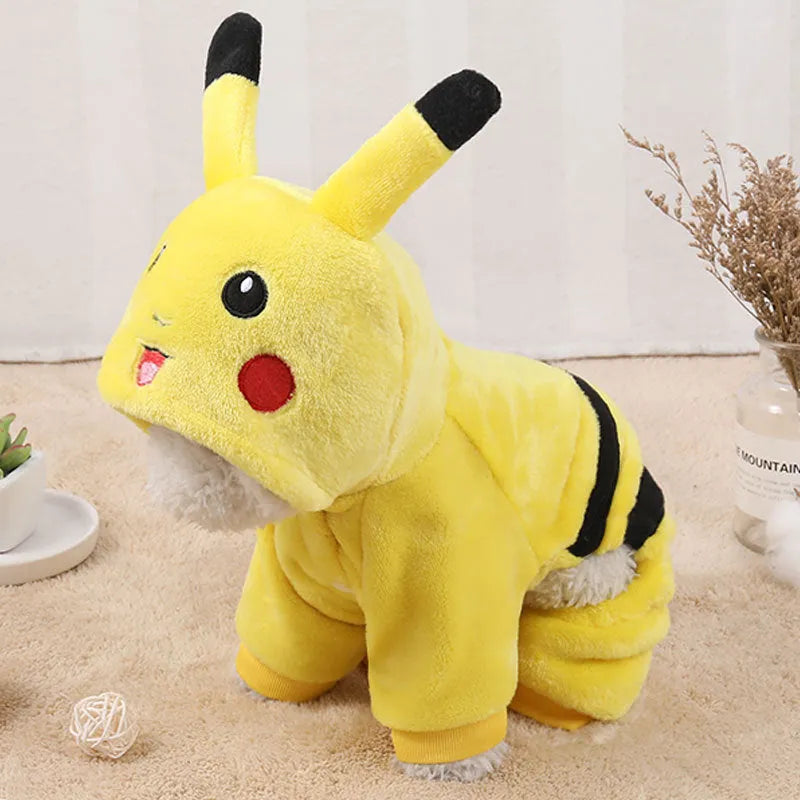 Fleece hooded pet coat for dog or cat in cartoon cosplay design on a mannequin