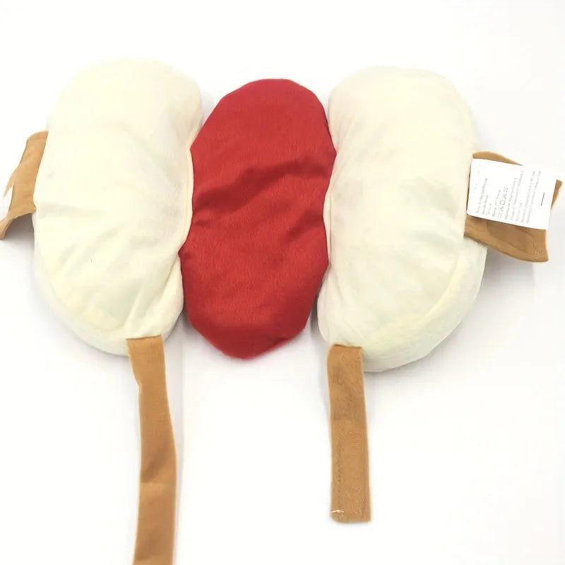 Brown and beige stuffed hot dog costume on a small dog, showing S M L sizes for pet parties.