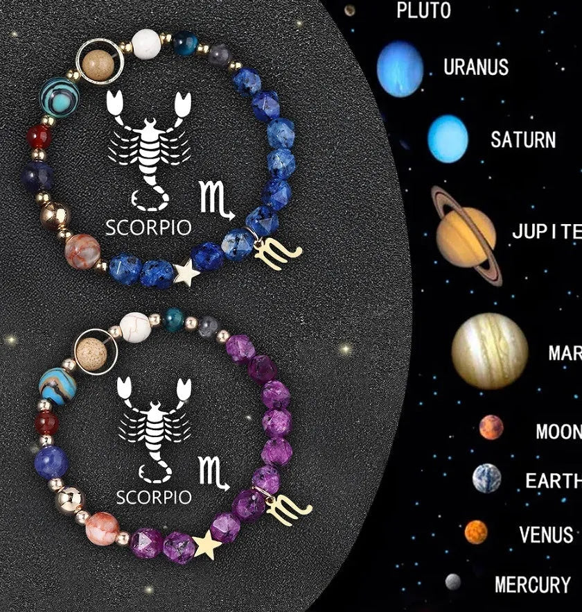 Two adjustable beaded bracelets with natural stone zodiac charms and metal accents on a wrist.
