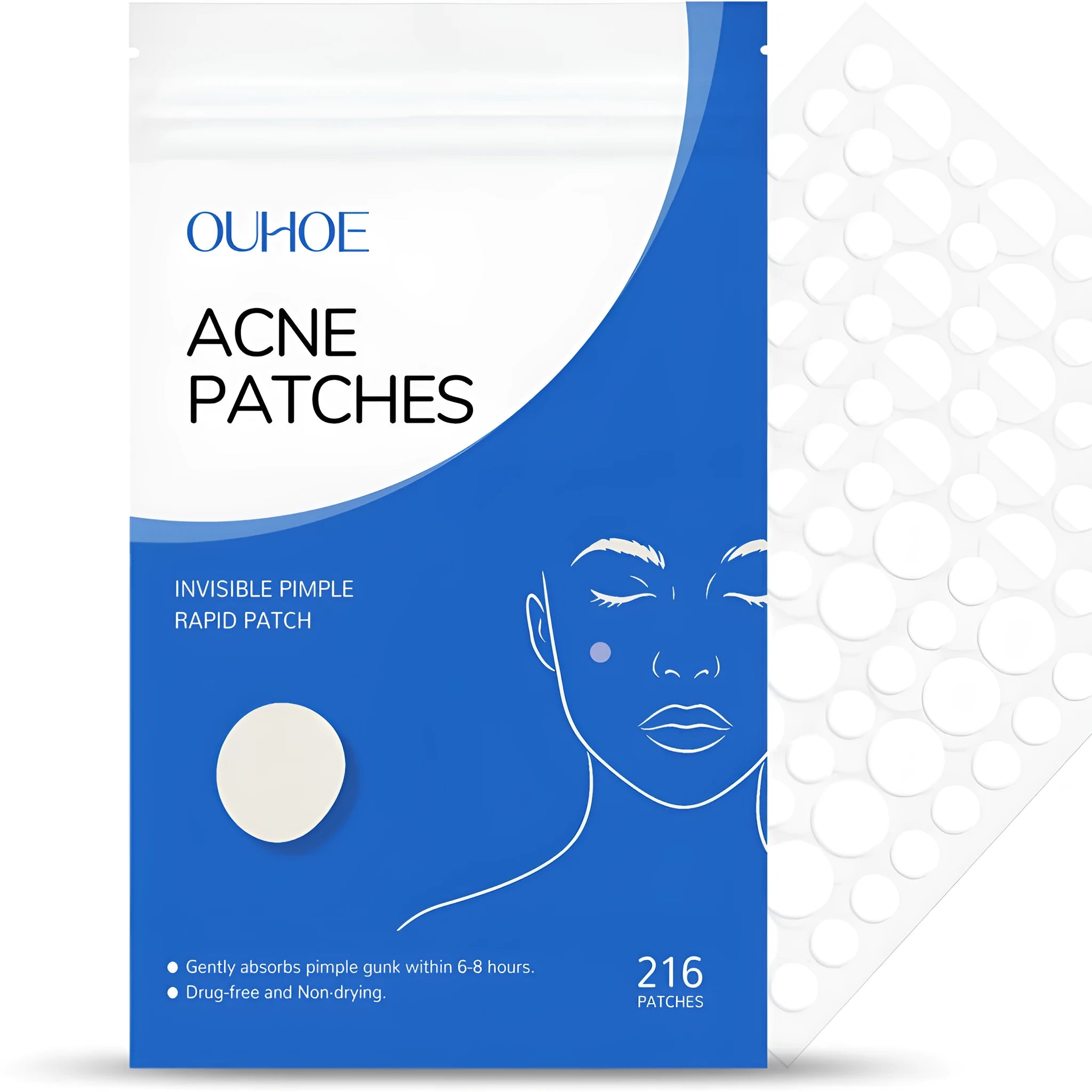Acne patches pack containing 216 pieces with tea tree oil and vitamin E formulation