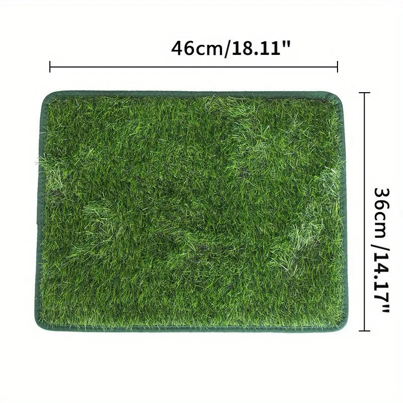Artificial grass dog toilet training mat with non-slip backing, shown in three available sizes.