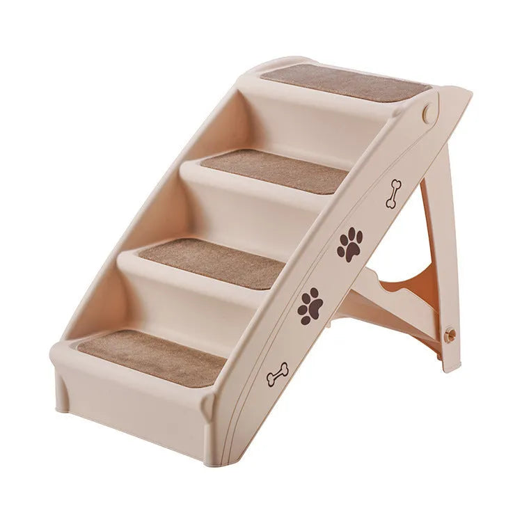 Foldable plastic pet stairs with three steps and non-slip mats in light coffee colour
