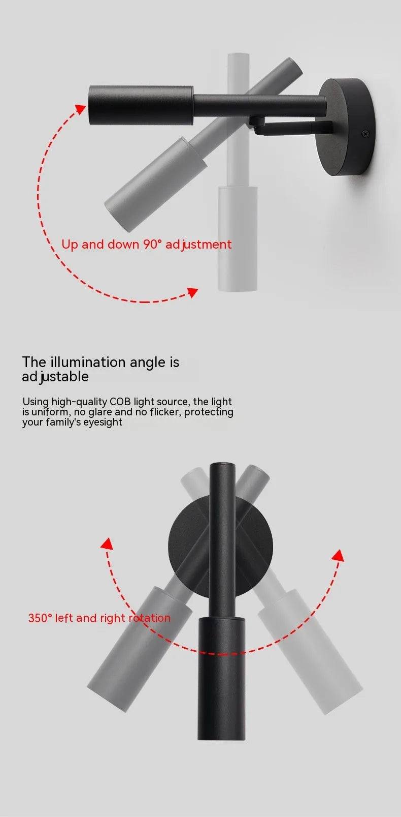 Modern minimalist wrought iron wall lamp in black or white with adjustable three-colour lighting.