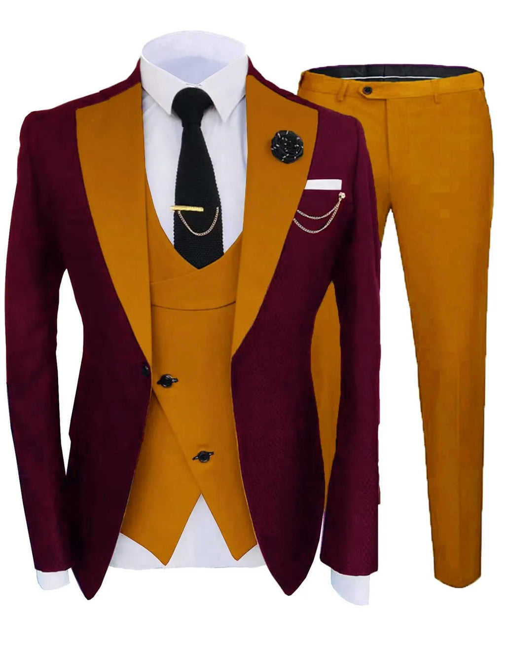 Men's slim fit cotton three-piece wedding suit in dark navy with coat, pants, and vest