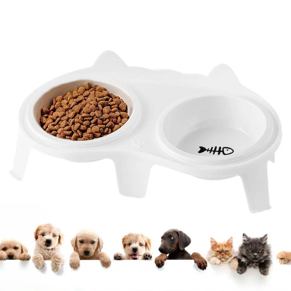 Ceramic cat food and water bowl set with elevated tilted stand in blue, pink, white or yellow