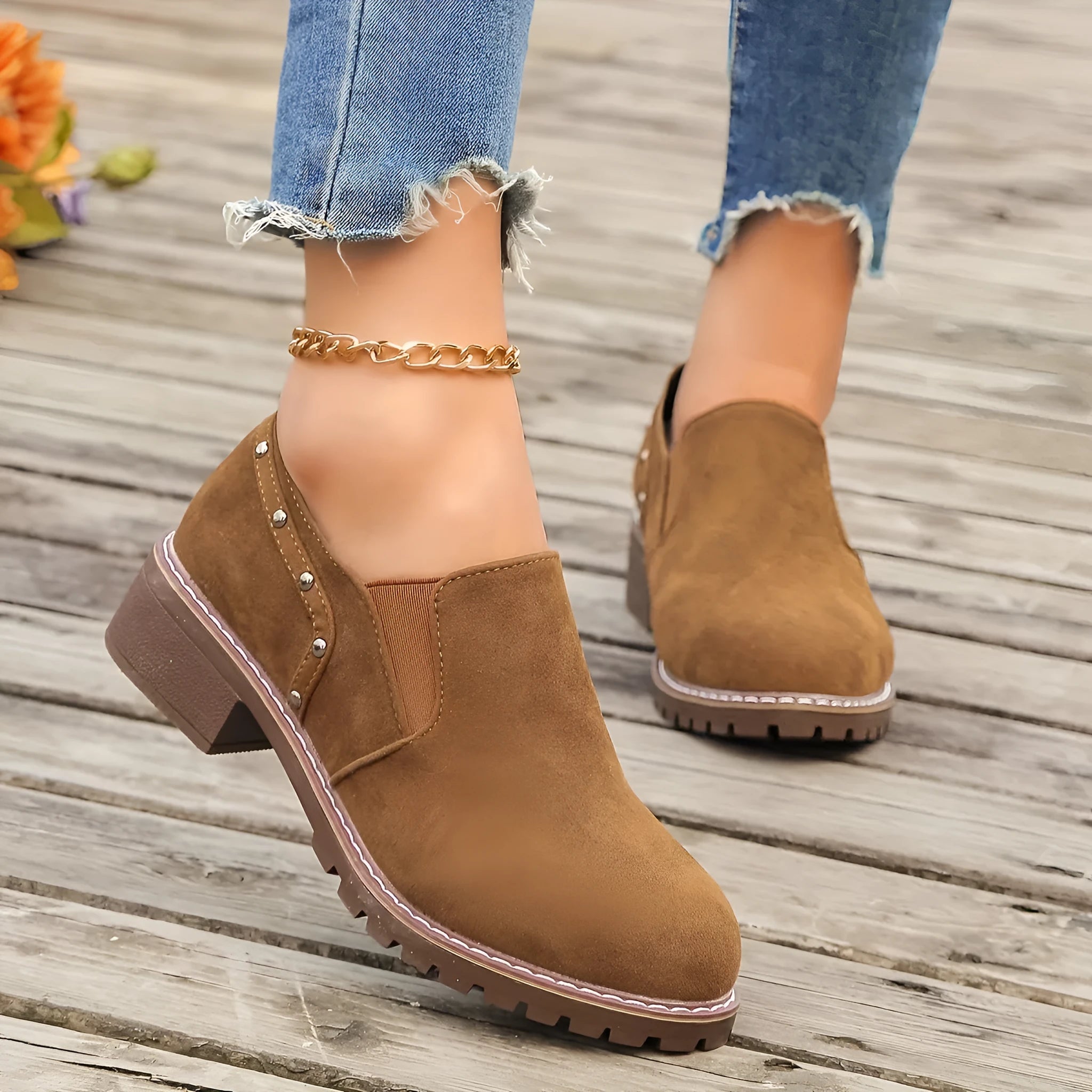 Light brown plus size suede ankle boots with elastic band and low rubber sole