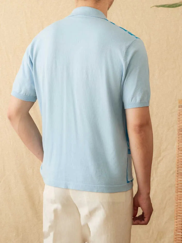 A man's short-sleeved striped cardigan polo shirt with a lapel collar, shown in a light blue colour.