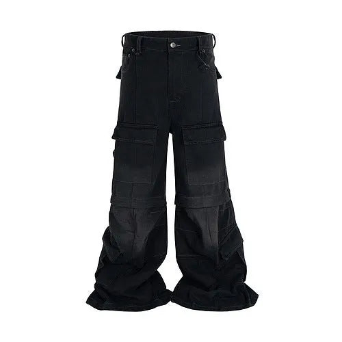 Detachable washed-out cotton overalls with multiple pockets in black colour showing mid-waist fit and zip placket