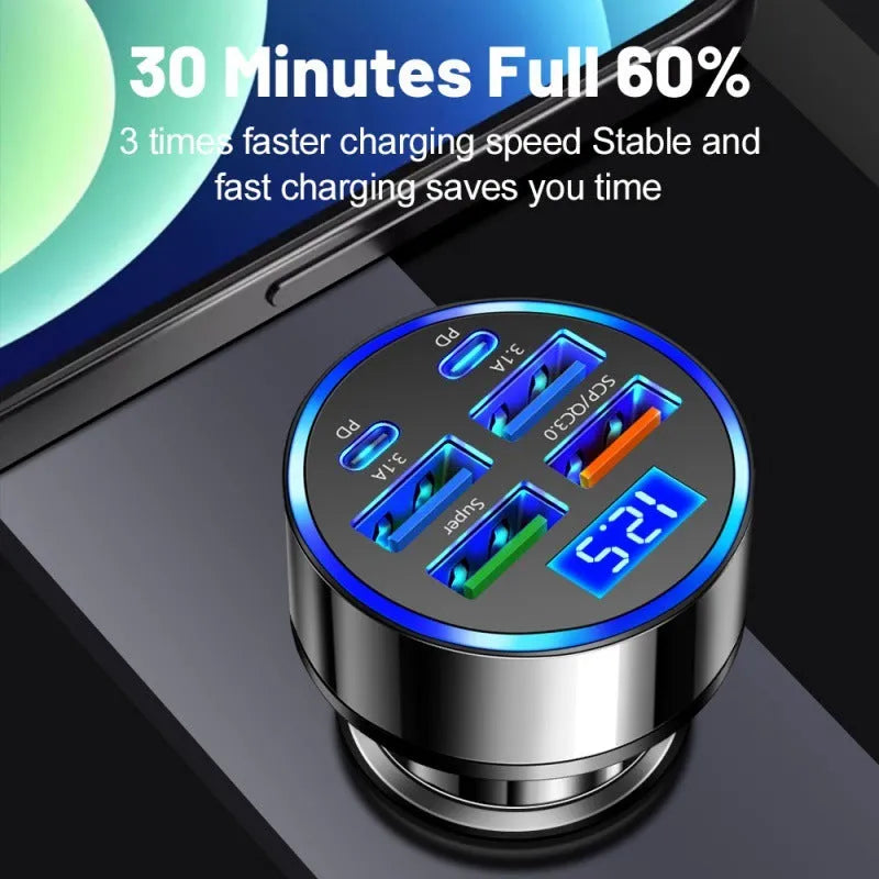 Six-in-one multi-port digital display car charger with 4 USB and 2 PD ports black 27W
